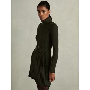 Reiss Olive Green Ribbed Turtleneck Pleated Mini Dress